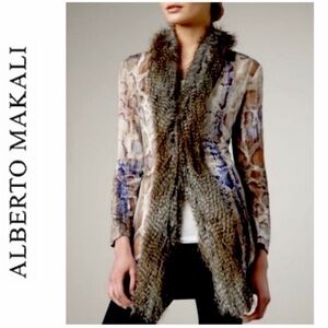 NWT Alberto Makali Snakeskin Print Mesh Cardigan with Striped Faux Fur Trim Sz S